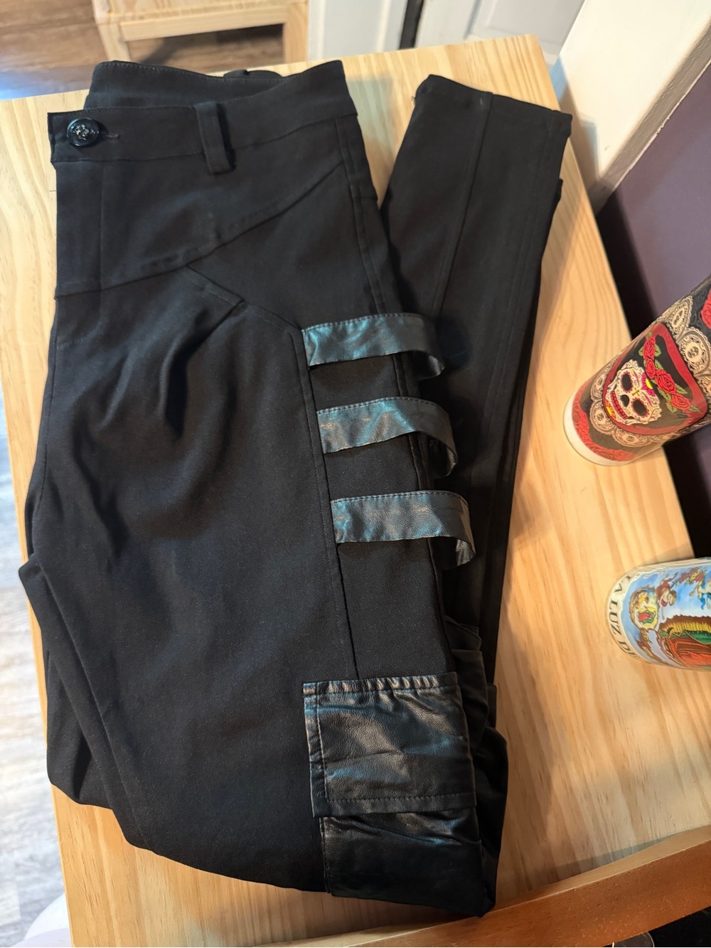 Women’s Cyber Goth Rave Punk Black Faux Leather Trim Skinny Cargo Pants size S